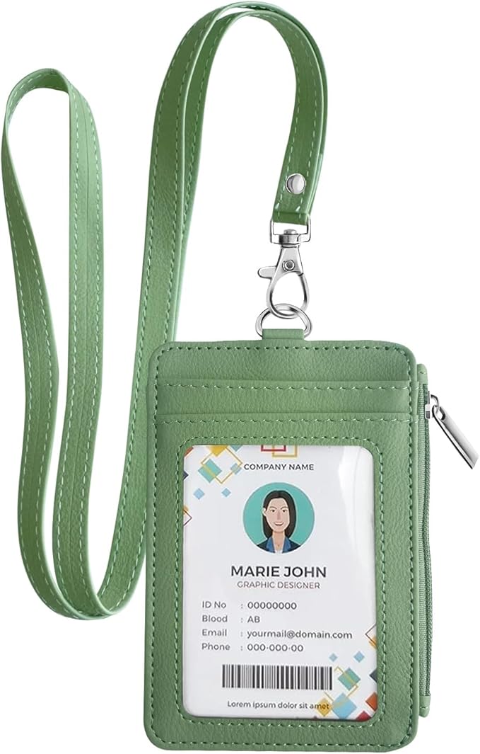 bolimoss 2-in-1 ID Badge Holder & Lanyard Wallet, Leather ID Name Badge with Side Zip Pocket for Teacher, Student, Women Small Wallet with Removable Neck Lanyard, Clear Window, 5 Card Slots,Lime Green
