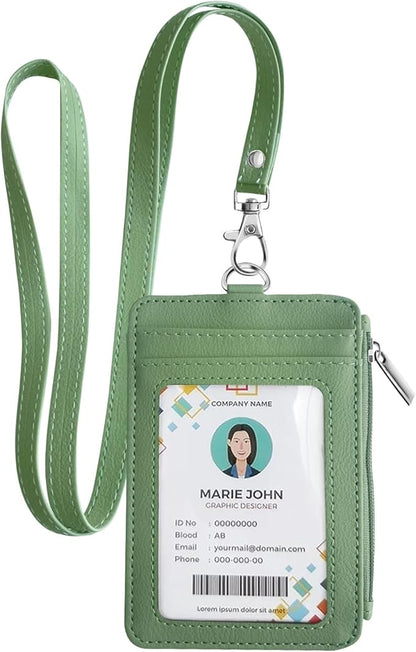 bolimoss 2-in-1 ID Badge Holder & Lanyard Wallet, Leather ID Name Badge with Side Zip Pocket for Teacher, Student, Women Small Wallet with Removable Neck Lanyard, Clear Window, 5 Card Slots,Lime Green