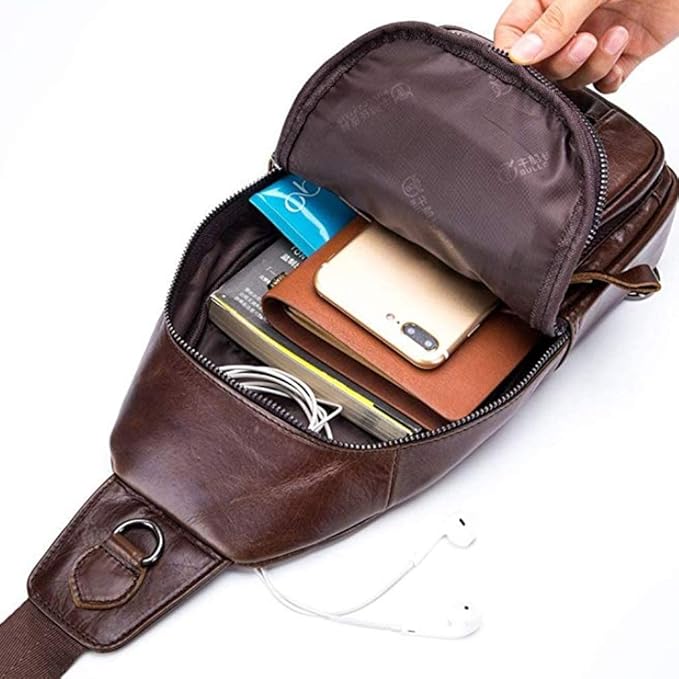 Hebetag Leather Sling Bag Crossbody Backpack for Men Women Travel Outdoor Business Casual Shoulder Chest Bags Day Pack Daypack Brown