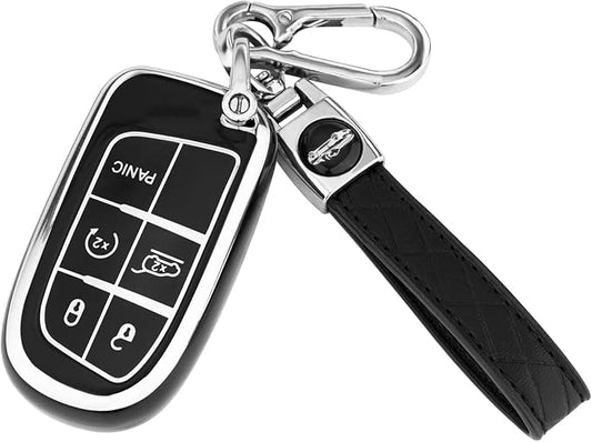 XIYANG TRADE for Jeep Key Fob Cover with Keychain,Soft TPU Key Case Shell Full Protection for Grand Cherokee Renegade Chrysler 200 300 Dodge RAM Durango Challenger Journey Dart Fiat Smart Key (Black)