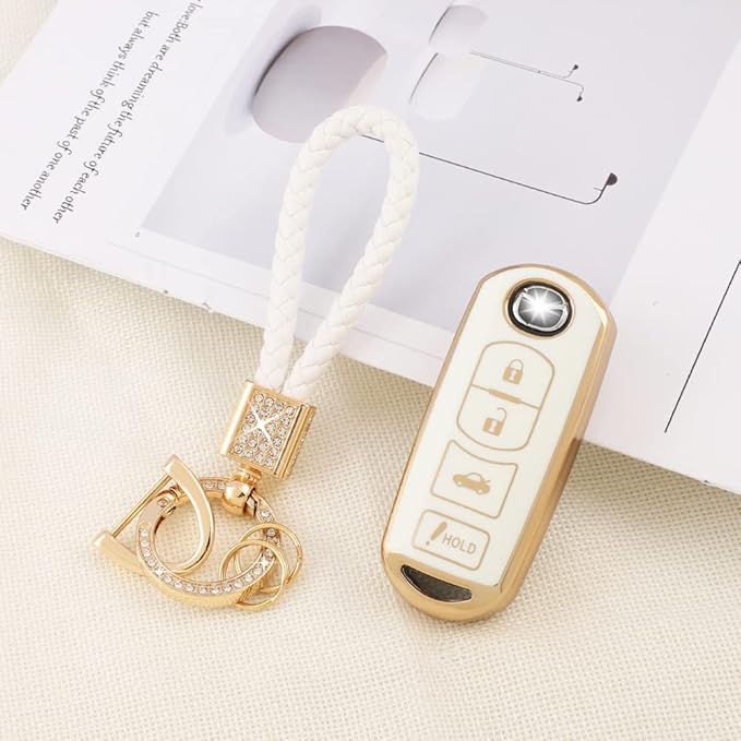 PIFOOG for Mazda Key Fob Cover 6 3 CX5 CX9 CX-3 MX5 Mitia Accessories Girly Women Soft TPU Car Keys Shell Case 4 Buttons Full Covers Protection Glitter Keychain White Gold Cute