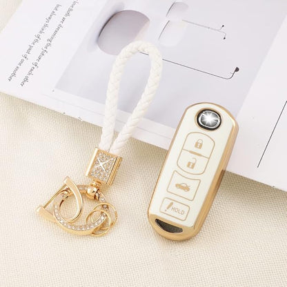 PIFOOG for Mazda Key Fob Cover 6 3 CX5 CX9 CX-3 MX5 Mitia Accessories Girly Women Soft TPU Car Keys Shell Case 4 Buttons Full Covers Protection Glitter Keychain White Gold Cute