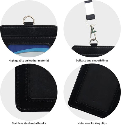 1 Badge Holder with Detachable Lanyard, Vertical PU Leather ID Badge Holder with 1 Clear ID Window & 1 Card Slot for Work, School, Metro & Access Cards (Black)