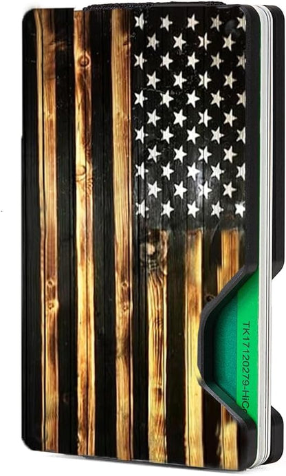 Minimalist Slim Wallet for Men,RFID Blocking Metal Wallet,Aluminum Credit Card Holder & Money Clip 12-15 Cards,Slim Rfid Front Pocket Mens Wallet,Wood American USA Flag