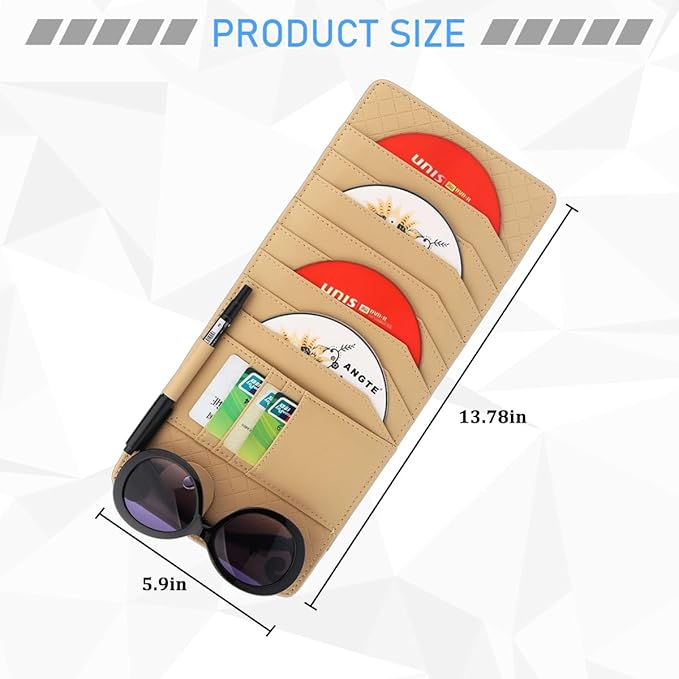 CD Case Holder for Car Sun Visor, Visor DVD Storage Organizer with Sunglasses Clip, Pen Holder & Card Slot, Multifunctional Automotive Disc Storage Pocket, Universal for SUV RV Truck (Beige)