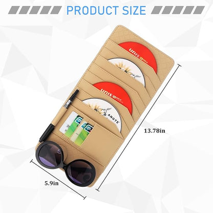 CD Case Holder for Car Sun Visor, Visor DVD Storage Organizer with Sunglasses Clip, Pen Holder & Card Slot, Multifunctional Automotive Disc Storage Pocket, Universal for SUV RV Truck (Beige)