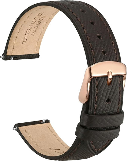 WOCCI 20mm Grace Leather Watch Band for Ladies, Top Grain Leather, Quick Release Replacement Strap with Rose Gold Buckle (Dark Brown)