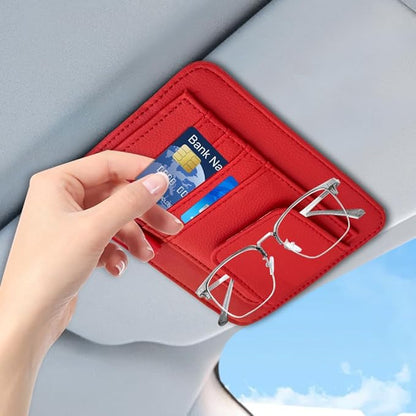 Small Leather Sun Visor Organizer, Visor Accessories, Multi-Pocket Sunvisor Storage with Sunglass Holder, Car Organizer for Drving License Card Pen Fits Most Vehicles (Red)