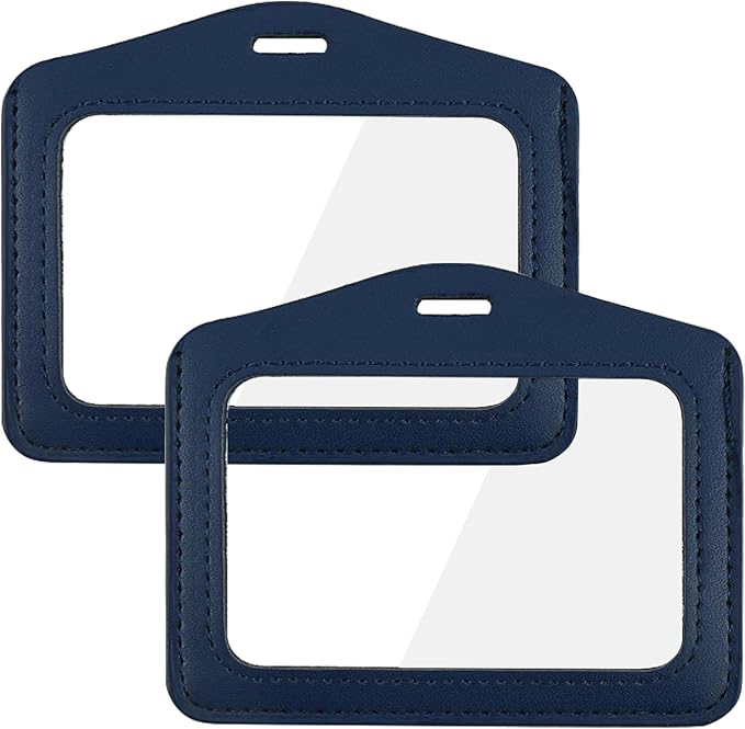 Larpur Pack of 2 ID Badge Holders, Horizontal Leather Card Case with Clear ID Window, Blue - Double Sided Clear, Work Badge Holder for Students, Teachers, Employees