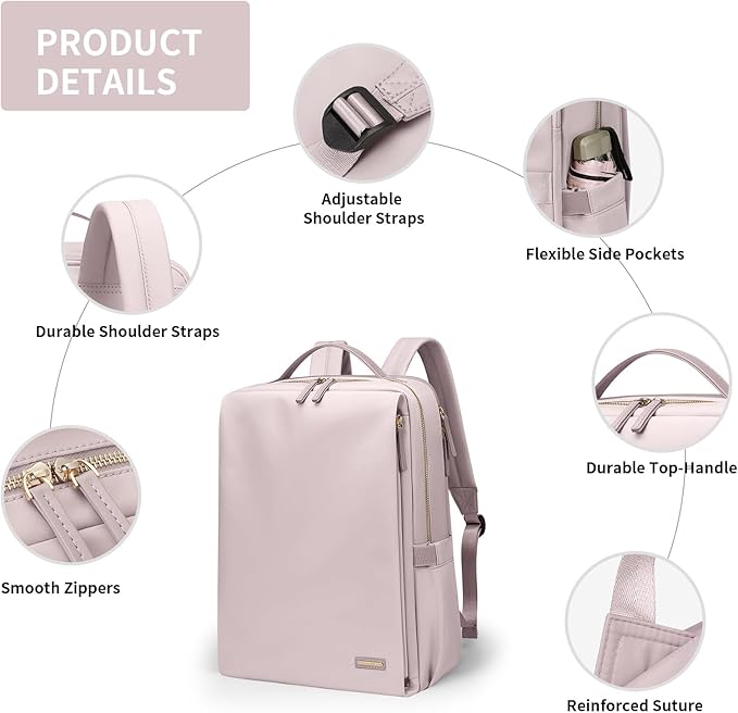 GOLF SUPAGS Stylish Laptop Backpack for Women Airline Approved Perfect for Work College and Travel Multi-Functional Casual Daypack Fits 14 Inch Notebook (Pinkish Grey)