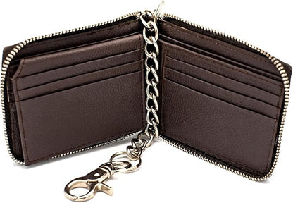 RFID Safe Leather Bi-fold Chain Wallet for Men Zip around Purse for Women Biker's Trucker YKK Metal Zipper Closure Filp up window ID (Brown with Chain)