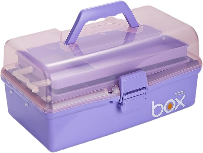 Kinsorcai 12'' Three-Layer Clear Plastic Storage Box/Tool Box, Multipurpose Organizer and Portable Handled Storage Case for Art Craft and Cosmetic (Purple)
