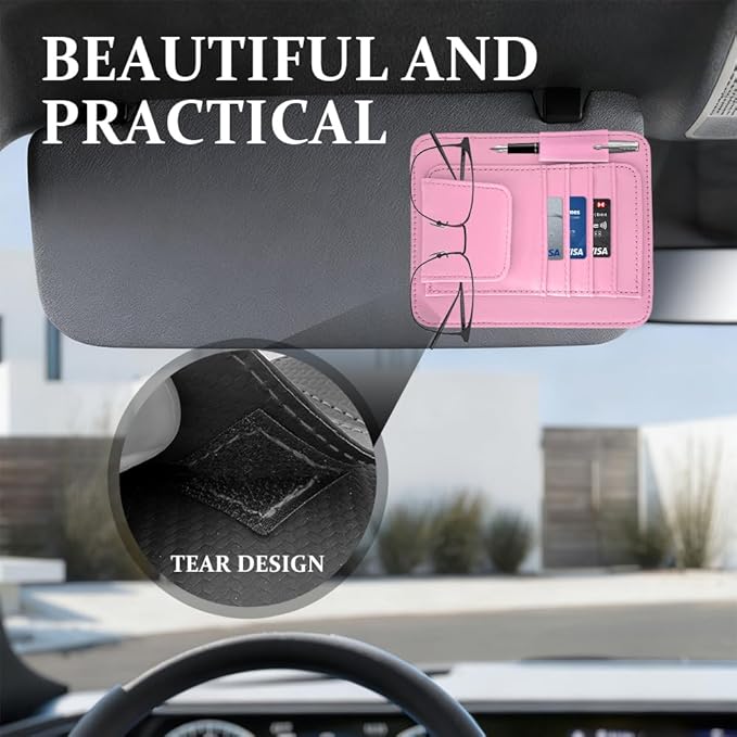 Small Leather Sun Visor Organizer, Visor Accessories, Multi-Pocket Sunvisor Storage with Sunglass Holder, Car Organizer for Drving License Card Pen Fits Most Vehicles (Pink)