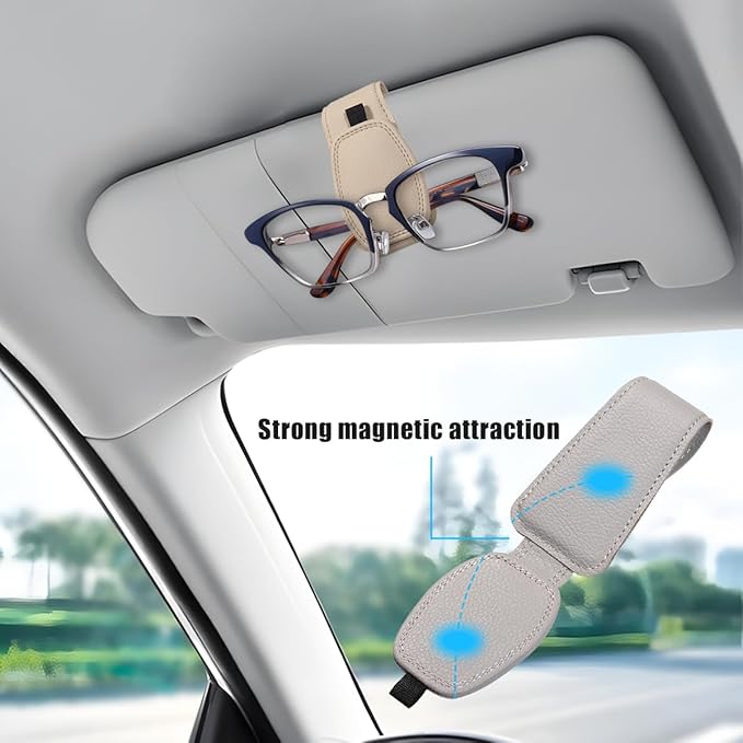 Zpana Sunglasses Holders for Car Sun Visor, Leather Magnetic Vehicle Sun Glasses Ticket Card Hanger Clip, Automotive Interior Eyeglass Mount Accessories, Universal for SUV Sedan Truck (Beige)