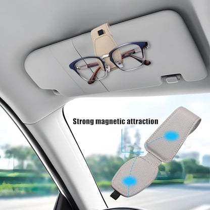 Zpana Sunglasses Holders for Car Sun Visor, Leather Magnetic Vehicle Sun Glasses Ticket Card Hanger Clip, Automotive Interior Eyeglass Mount Accessories, Universal for SUV Sedan Truck (Beige)