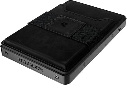 Groove Life Groove Magnetic Thumb Swipe Wallet Gun Metal/Black Leather Go Mens Minimalist Aluminum Credit Card Holder with RFID Blocking, Genuine Leather Attachment, Lifetime Coverage