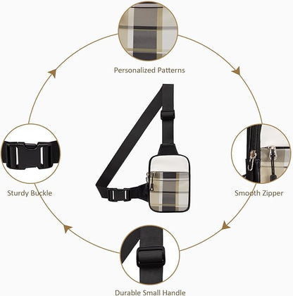 Mini Crossbody Sling Bag, PU Leather Chest Bag with Checkered Pattern, Dual Pocket Water Resistant Fanny Pack, Running Phone Holder for Men Women Workout Travelling(Scottish Tartan)