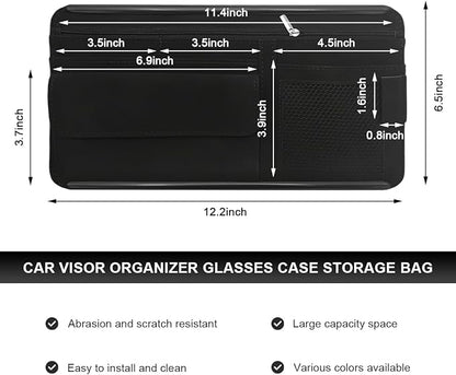 Car Sun Visor Organizer, Soft Leather Auto Sunshade Glasses Storage Bag with Multi-Pocket Net Zipper, Scratch-Resistant Vehicle Visor Pocket Eyeglasses Case Note Holder (Black)