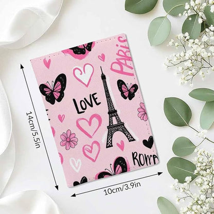 Eiffel Tower Passport Holder for Travel Butterflies Pink Romantic Love PU Leather Passport Cover Wallet Cute Passport Card Holder for Women and Men