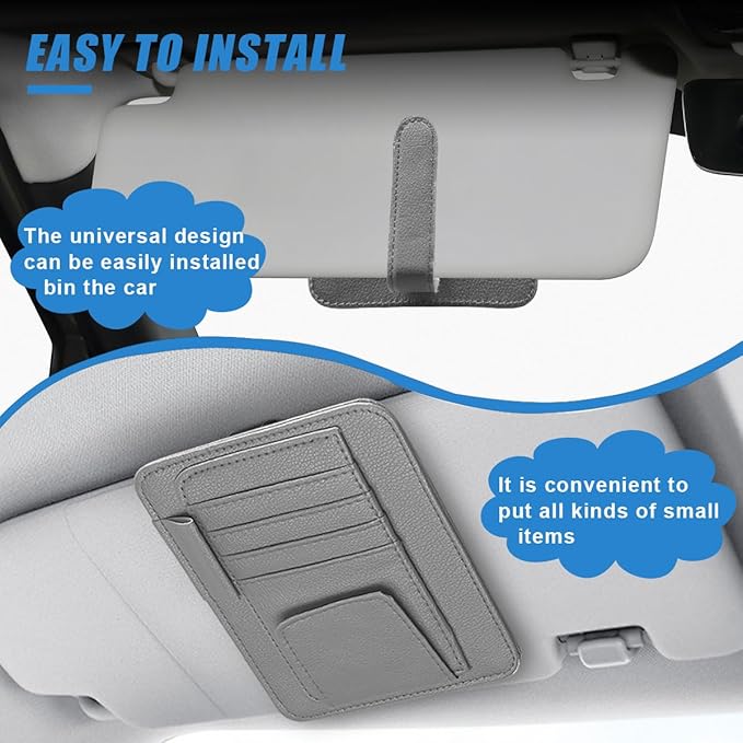 Small Leather Car Sun Visor Organizer - Multifunctional Car Interior Sunglass Holder Auto Visor Document Holder - Auto Card Sleeve Pocket Pouch Organizer for Driving License Registration Pen (Grey)