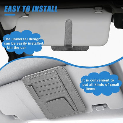 Small Leather Car Sun Visor Organizer - Multifunctional Car Interior Sunglass Holder Auto Visor Document Holder - Auto Card Sleeve Pocket Pouch Organizer for Driving License Registration Pen (Grey)