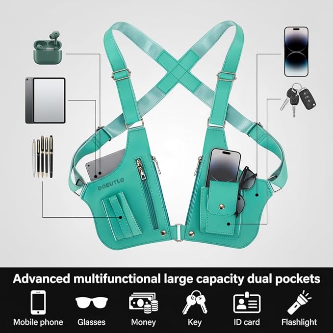 Leather Double Shoulder Armpit Bag for Men Underarm Concealed Rover The Holste Vest for Mens Adjustable Leather Bag (Turquoise)