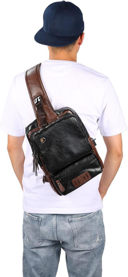 Men's Lightweight PU Leather Sling Bag - Breathable Crossbody Pack with USB Charging Port & 6 Pockets, Easy Access Organizer for Tablet/Gym Essentials - Commute, Travel, Work(Black)