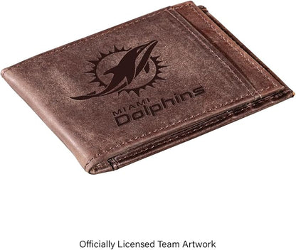 Team Sports America NFL Miami Dolphins Front Pocket Slim Wallet for Men | Minimalist Leather RFID Blocking Bifold Card Holder with Money Clip | Officially Licensed Stamped Logo