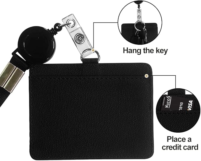HYCOPROT ID Badge Holder with Lanyard Heavy Duty Retractable PU Leather Vertical Horizontal ID Card Holders with 1 Clear ID Window & 1 Credit Card Slot for Office Driver Licence (Horizontal, Grey)