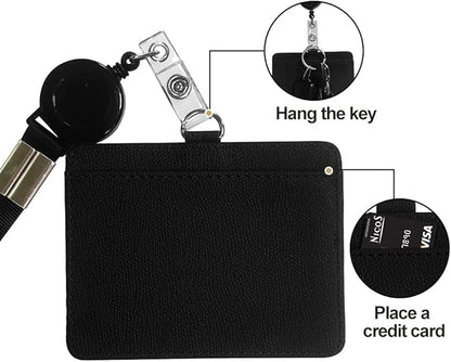 HYCOPROT ID Badge Holder with Lanyard Heavy Duty Retractable PU Leather Vertical Horizontal ID Card Holders with 1 Clear ID Window & 1 Credit Card Slot for Office School (Horizontal, Sky Blue)