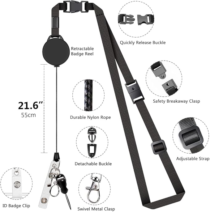 Leather Badge Holder and Adjustable Retractable Lanyards, Quick Release Buckle and Safety Breakaway Lanyards with Swivel Metal Clasp for Offices, Staff, Students, Employees
