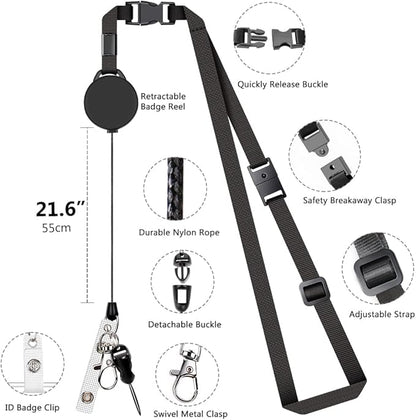Leather Badge Holder and Adjustable Retractable Lanyards, Quick Release Buckle and Safety Breakaway Lanyards with Swivel Metal Clasp for Offices, Staff, Students, Employees
