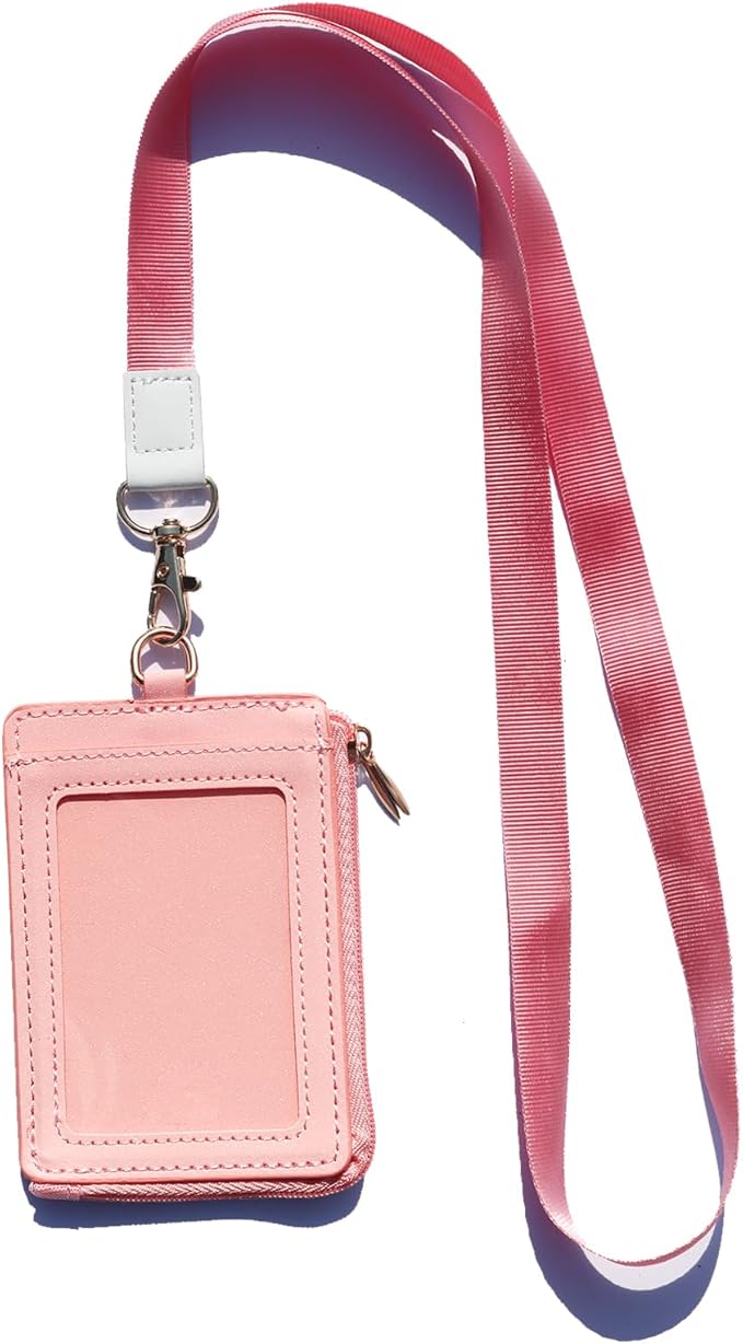 2-in-1 ID Badge Holder & Elastic Card Holder Wallet,Minimalist Men & Women Zip Card Holder Wallet with Neck Lanyard,3 Card Slots and 1 Side Zipper Pocket (Pink-B2)