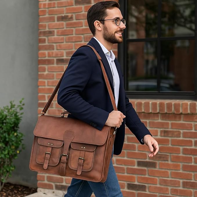 Leather Messenger Bag for Men and Women 18 inch Large Vintage Leather Briefcase Laptop Shoulder Bag Unisex Crossbody Messenger Satchel for Office, Business, Work, Travel