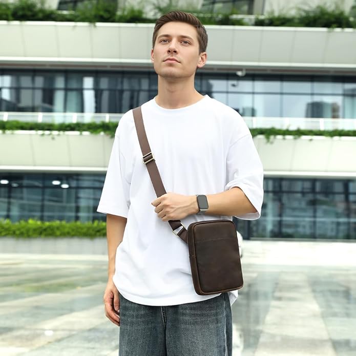 NIUCUNZH Man Purses and Bags Small, Mini Genuine Leather Messenger and Shoulder Bag for Men with lots of Zipper Pockets
