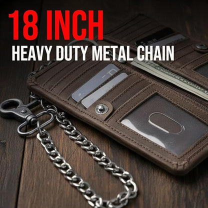 CLASSIC Motorcycle Chain Wallet for Men – Premium Cowhide Leather, RFID Bi-Fold Biker Wallet with Heavy Duty ChainBikers Truckers & Hunters, Credit Card Money Organizer Long Wallet Crazy Horse Brown