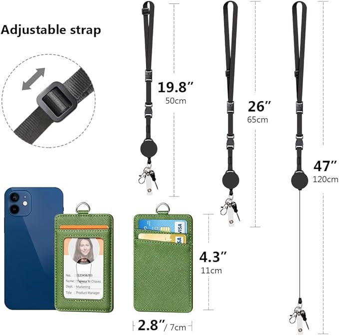 Leather Badge Holder and Adjustable Retractable Lanyards, Quick Release Buckle and Safety Breakaway Lanyards with Swivel Metal Clasp for Offices, Staff, Students, Employees