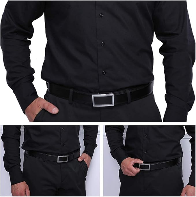 JINIU Men's Ratchet Belt Buckle, Black Genuine Leather Slide Belt for Men Dress Suit, Micro Adjustable Trim to Fit Boxed