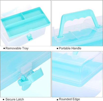 BTSKY Multipurpose Plastic Craft Storage Containers with Removable Tray, Clear Plastic Storage Box with Lid & Handle, Easy Carry & Stack Small Storage Container, 8.5x5x4.9 Inch, Rectangle-Blue