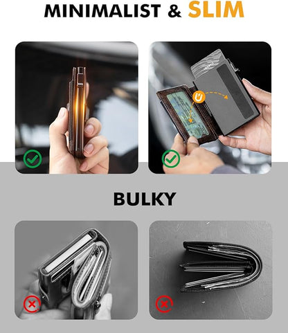 iwantit Slim Airtag Wallet for Men: Pop Up Bifold Wallet with Detachable Money Clip ID Window for Air Tag(1st & 2nd Generation) - RFID Blocking for 8-10 Cards Cash - Gift Box Included (Dark Brown)