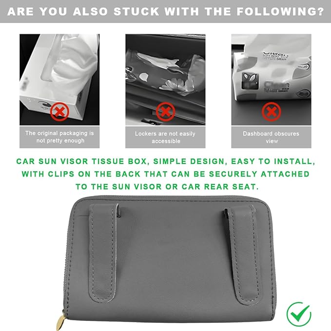 Car Tissue Holder, Sun Visor Napkin Box Premium PU Leather Tissue Case with Zipper, Rectangular Hanging Paper Organizer Mask Dispenser for Sedans SUVs Trucks, Car Accessories (Gray)