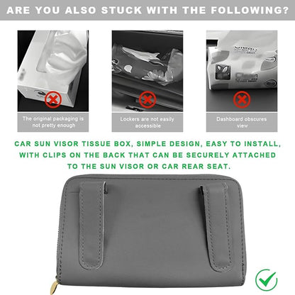 Car Tissue Holder, Sun Visor Napkin Box Premium PU Leather Tissue Case with Zipper, Rectangular Hanging Paper Organizer Mask Dispenser for Sedans SUVs Trucks, Car Accessories (Gray)
