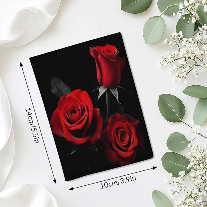 Rose Passport Holder for Travel Red Rose and Black Leaves PU Leather Passport Cover Wallet Cute Passport Card Holder for Women and Men