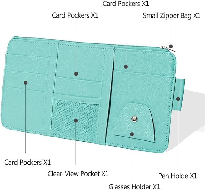 1 Pack Car Sun Visor Organizer, Sunglasses Holder for Car Sun Visor, Auto Interior Accessories Pocket Organizers Can Store for Sunglasses, Documents, Cards, Pen, Drivers License (Blue)