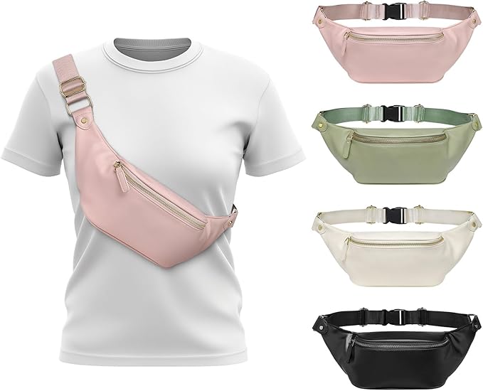 Faux Leather Belt Bag for Women, Crossbody Fanny Pack with Adjustable Strap, Back Zipper Pocket, Large Capacity Waist Pack for Travel, Concerts, Pink