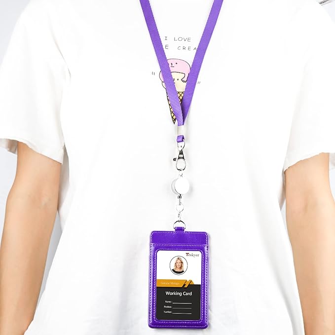 Teskyer Leather Badge Holder with Lanyard and Badge Reel, Retractable Lanyard ID Card Holder for Office School Name Work IDs, Purple