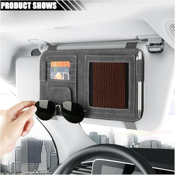 Car Sun Visor Organizer, Leather Card Sleeve Pocket Organizer, Multifunctional Auto Visor Document Holder with Sunglasses Clip, Universal Car Interior Organizer for Driving License, Pen (Large-Grey)