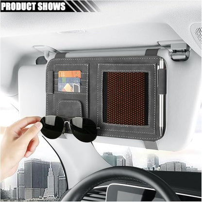 Car Sun Visor Organizer, Leather Card Sleeve Pocket Organizer, Multifunctional Auto Visor Document Holder with Sunglasses Clip, Universal Car Interior Organizer for Driving License, Pen (Large-Grey)