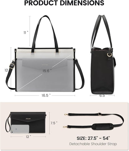 LOVEVOOK Laptop Bag for Women, 15.6'' Laptop Tote Purse 2-in-1 Professional Work Bag Business Briefcase with Clutch Purse, Waterproof Leather Computer Handbag for Teacher Office Travel