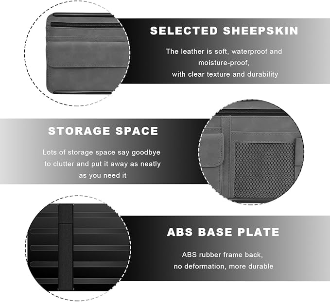 Car Sun Visor Organizer, Soft Leather Vehicle Sunshade Glasses Storage Bag with Net Zipper, Automotive Multi-Pocket Organizer for Drive License Card Glasses Document (Gray)